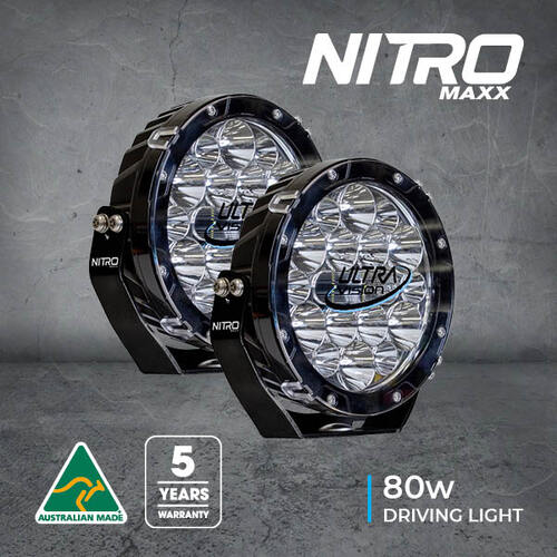 NITRO 80W MAXX 7" HIGH POWER LED DRIVING LIGHT PAIR - 5700K - BLACK RIM - (INC HARNESS)