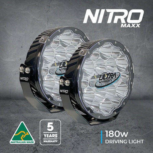 NITRO 180 MAXX 9" LED DRIVING LIGHT PAIR - WIDR - 5700K - BLACK RIM (INCS HARNESS & ATN'S)