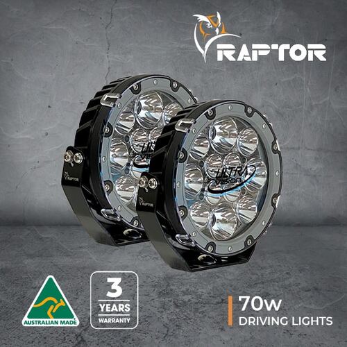 RAPTOR 70W HIGH POWER LED 7" DRIVING LIGHT PAIR - 5700K - GREY RIM - (INC HARNESS)